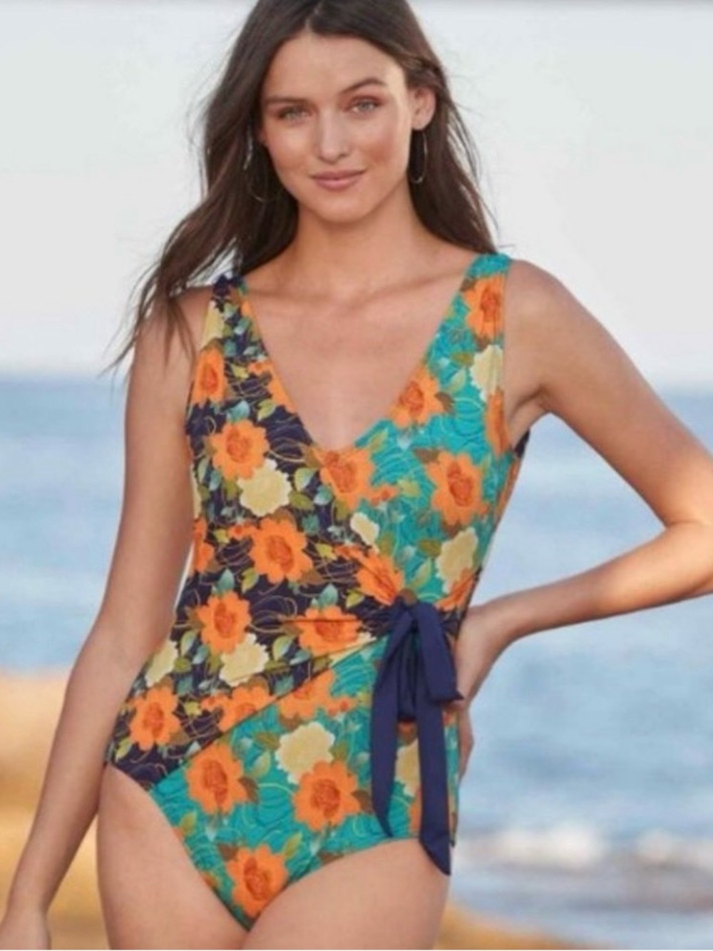 Sundance Radiant Floral V-Neck One-Piece Swimsuit in Teal & Orange M